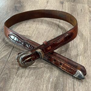 Vintage Brighton Hand Made USA Leather Patina Silver Buckle Clasp Ornate